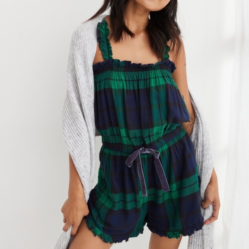 Aerie Flannel Plaid Romper Green Blue Tie Elastic Waist Super Soft